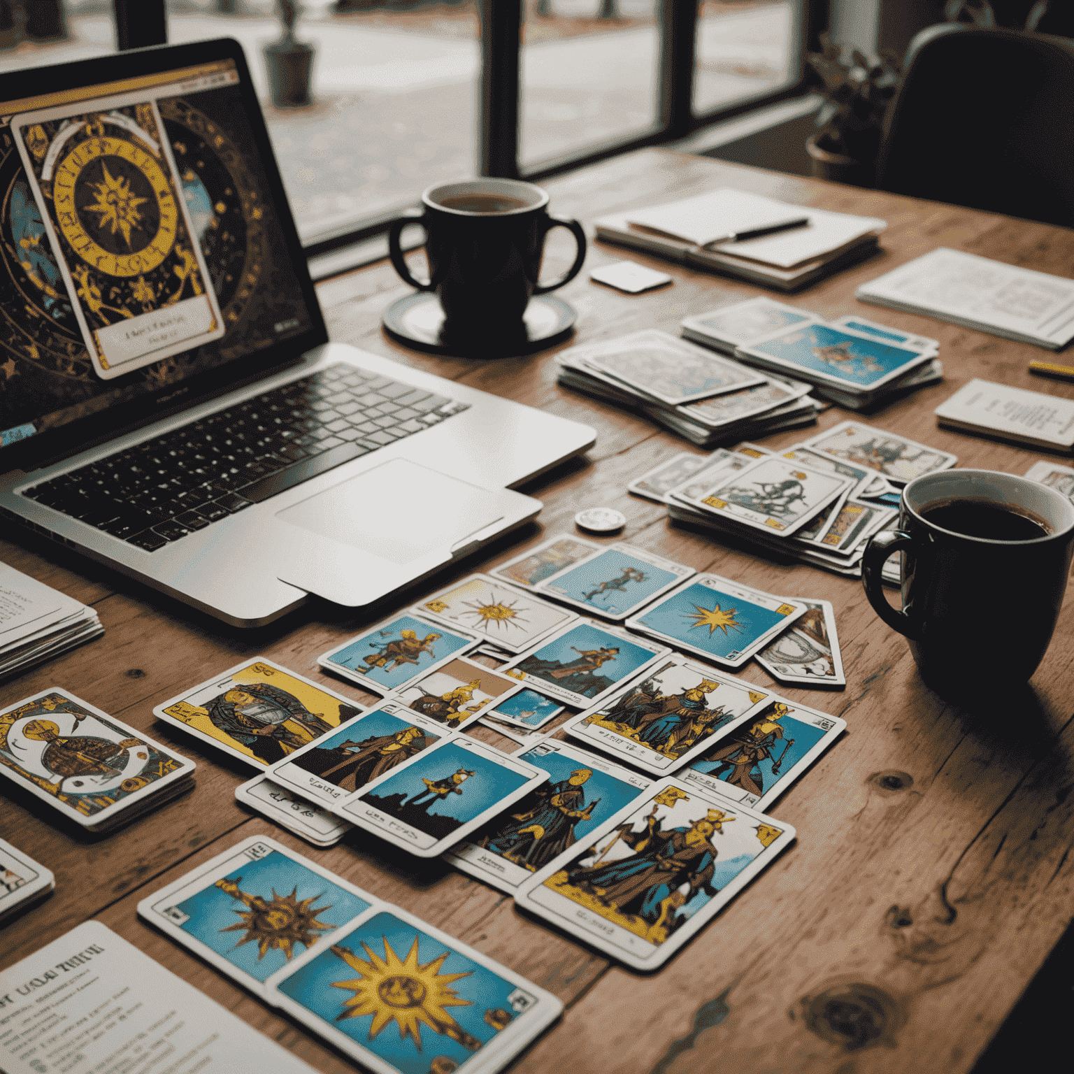 Bir masa üzerinde dağıtılmış tarot kartları, yanında bir laptop ve iş dosyaları. Arka planda bulanık ofis ortamı.