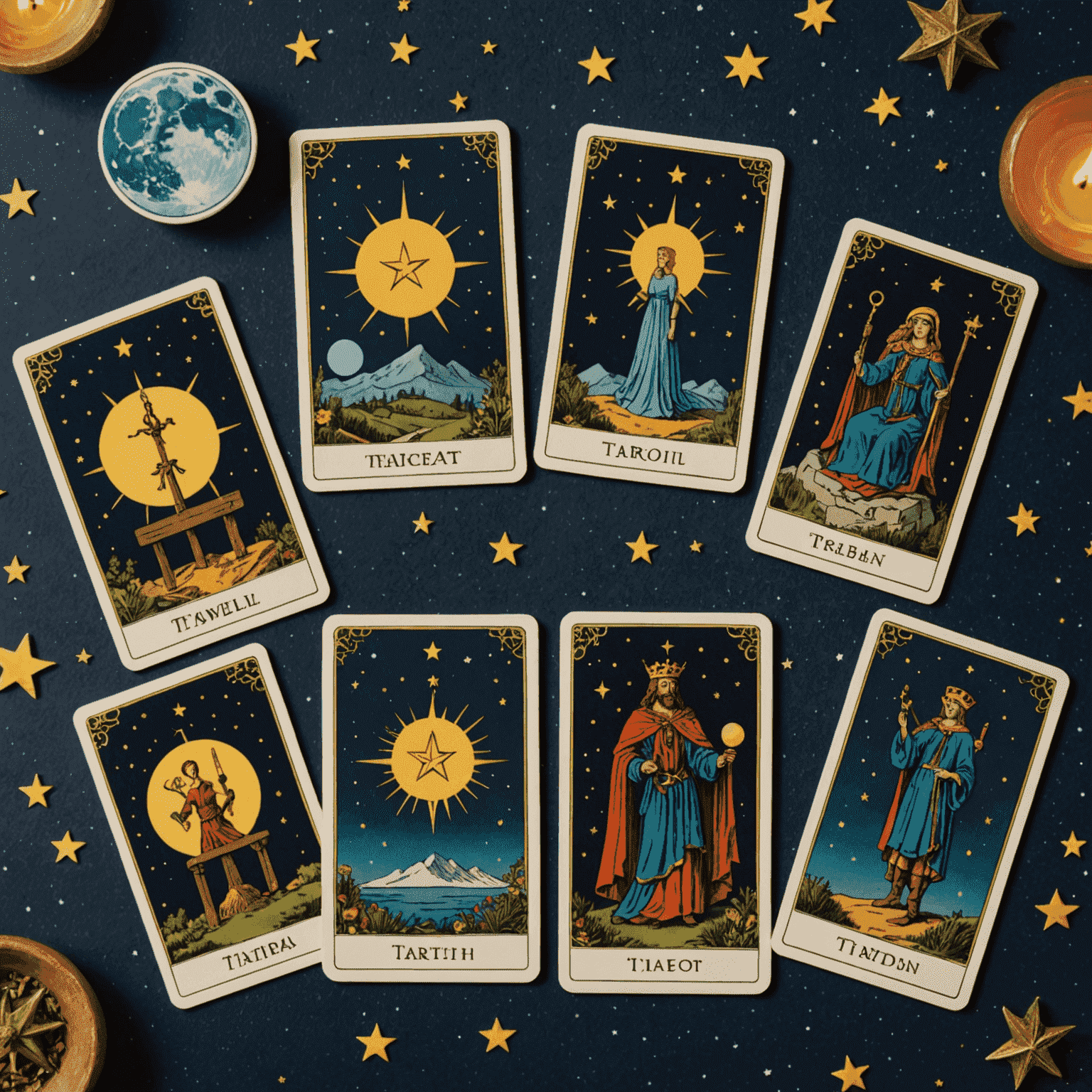 Beş tarot kartı, yıldızlı bir arka plan üzerinde düzenli bir şekilde dizilmiş. Her kartın altında küçük etiketler var.